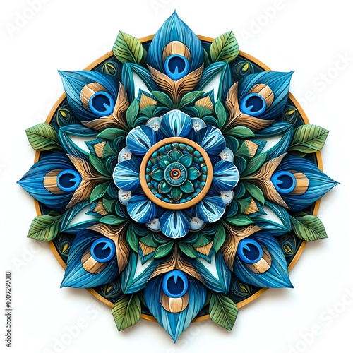 A vibrant, detailed mandala featuring blue and green hues, showcasing intricate floral patterns and shapes, radiating a sense of harmony and beauty.