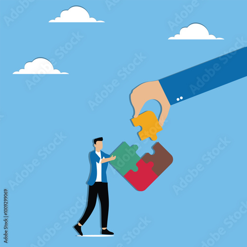 Businessman assembling puzzle pieces into new shape representing restructuring and adaptation in career