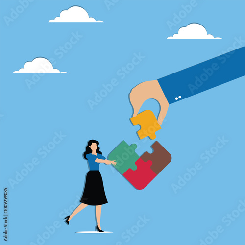 Businessman assembling puzzle pieces into new shape representing restructuring and adaptation in career
