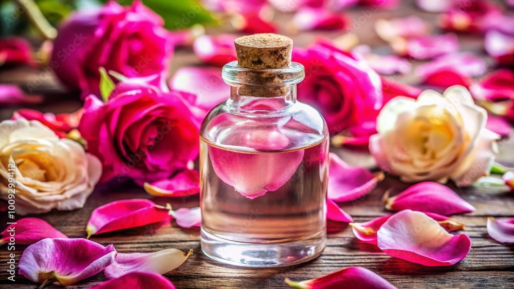 Freshly Bottled Rosewater Extract with Delicate Rose Petals for Natural Skin Care and Aromatherapy Freshly Bottled Rosewater Extract with Delicate Rose Petals for Natural Skin Care and Aromatherapy