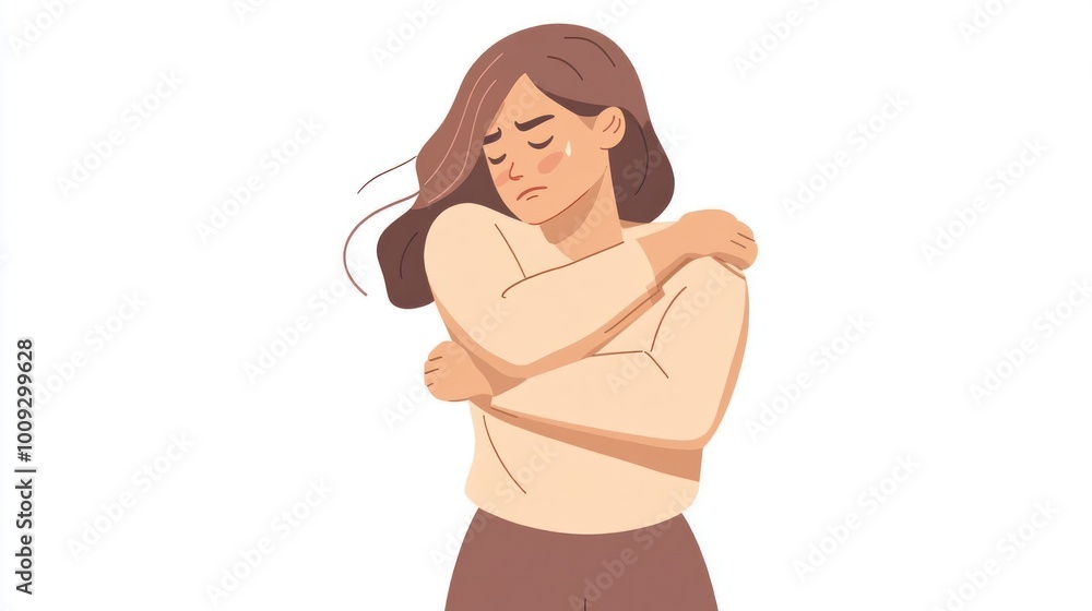 A woman appears thoughtful and introspective, embracing herself in a moment of reflection. A woman appears thoughtful and introspective, embracing herself in a moment of reflection.
