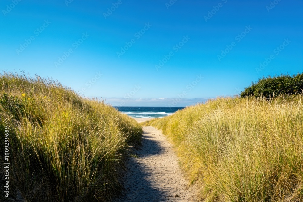 A sunny path surrounded by tall grass leads to a beach under a clear blue sky, offering a vibrant summer vibe A sunny path surrounded by tall grass leads to a beach under a clear blue sky, offering a vibrant summer vibe
