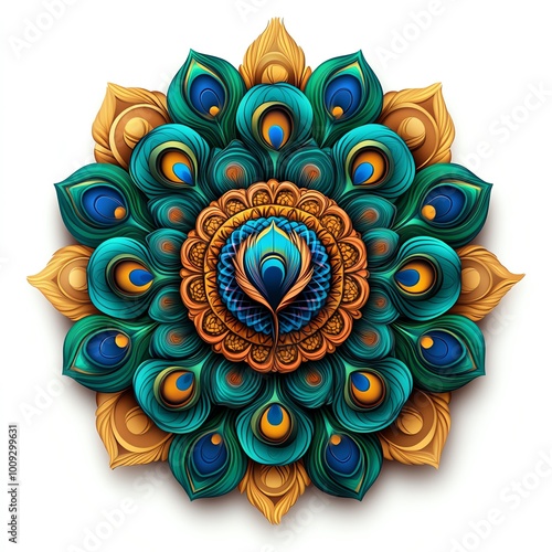 A vibrant, intricately designed mandala featuring turquoise and gold peacock feathers, symbolizing beauty and harmony.