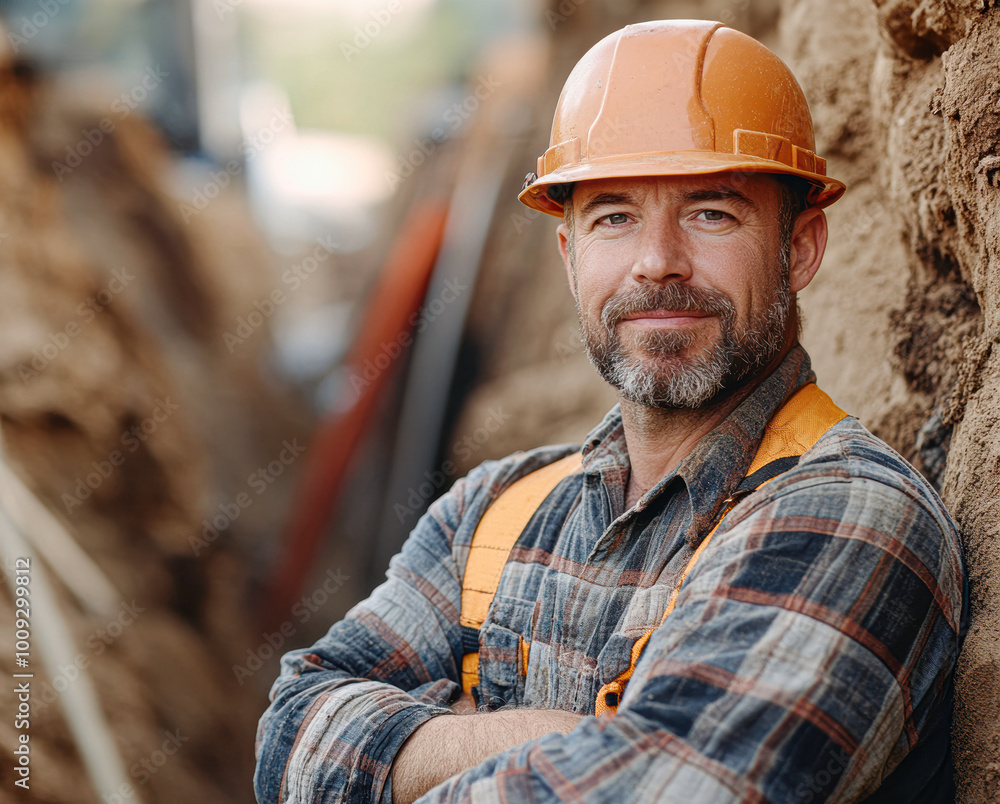 A man in an orange hard hat is standing in front of a wall A man in an orange hard hat is standing in front of a wall
