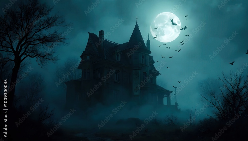A haunted house with bats flying around and fog rolling in, creating a spooky and atmospheric scene perfect for Halloween.
A haunted house with bats flying around and fog rolling in, creating a spooky and atmospheric scene perfect for Halloween.