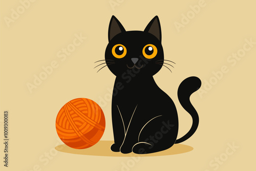 A black kitten sitting and play orange knitting yarn ball
