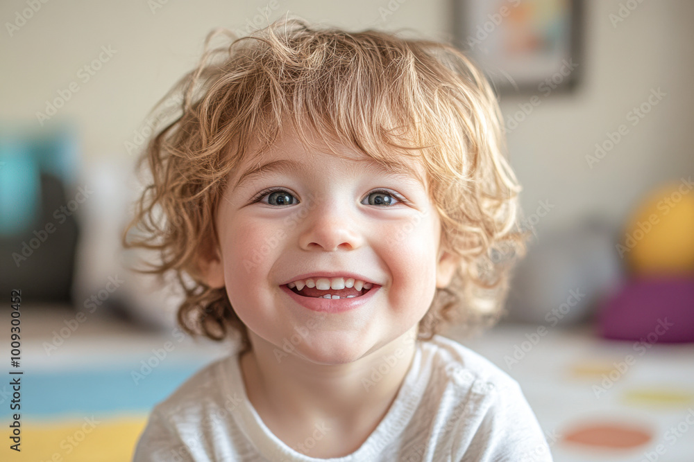 A young child with blonde hair is smiling and has a tooth missing A young child with blonde hair is smiling and has a tooth missing