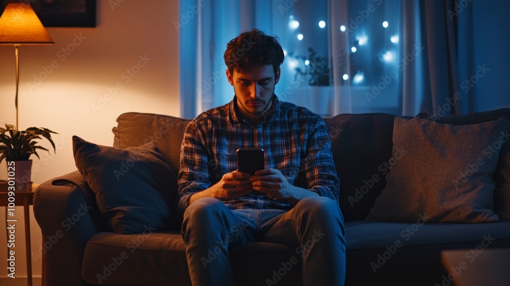 Sad Man Checking Smartphone Sitting on Couch with Downcast Expression in Modern Apartment Sad Man Checking Smartphone Sitting on Couch with Downcast Expression in Modern Apartment