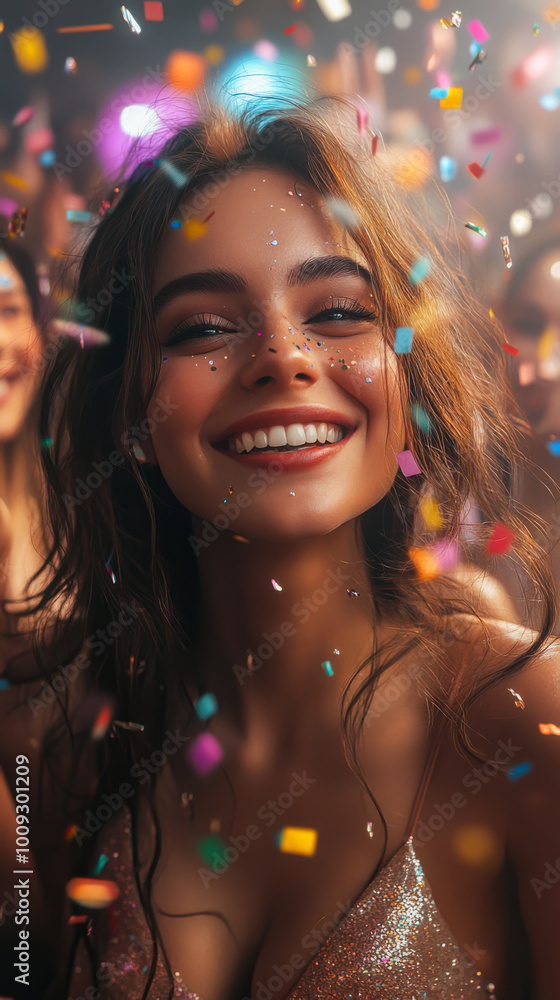 A joyful woman surrounded by colorful confetti at a lively party venue during a festive celebration night A joyful woman surrounded by colorful confetti at a lively party venue during a festive celebration night