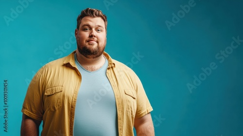Overweight caucasian man in casual clothing in blue background