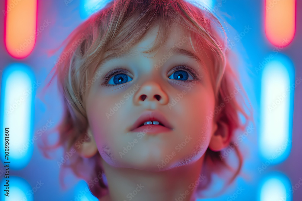A Close-Up Portrait of a Young Child with Blonde Hair and Blue Eyes Looking Upwards in a Room with Colorful Neon Lights A Close-Up Portrait of a Young Child with Blonde Hair and Blue Eyes Looking Upwards in a Room with Colorful Neon Lights