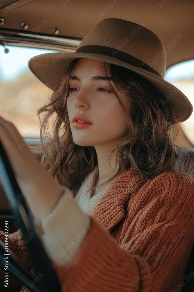 A woman wearing a hat and sunglasses drives a car on a sunny day