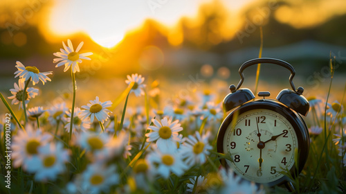 Vintage alarm clock in a field of daisies at sunrise. Changing clocks to winter or summer hours