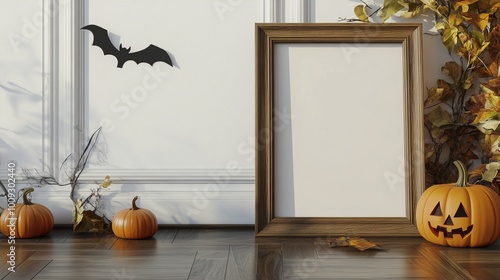 Halloween-themed home decor with empty wooden frame, jack-o'-lantern, pumpkins, and bat silhouette on white wall. Autumn leaves add seasonal warmth. photo