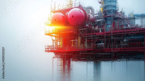 Close-up of a red industrial plant at sunrise, with complex machinery and pipes, highlighting the power of modern engineering and energy production, Generative AI