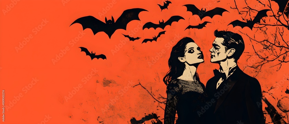 Spooky Couple with Bats in Halloween Illustration Spooky Couple with Bats in Halloween Illustration