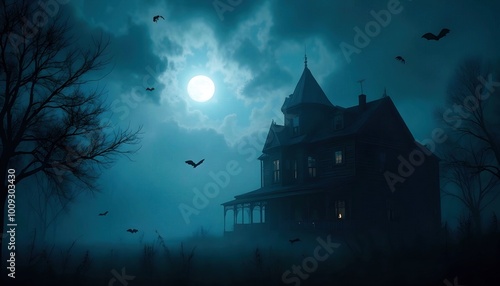 A haunted house with bats flying around and fog rolling in, creating a spooky and atmospheric scene perfect for Halloween.