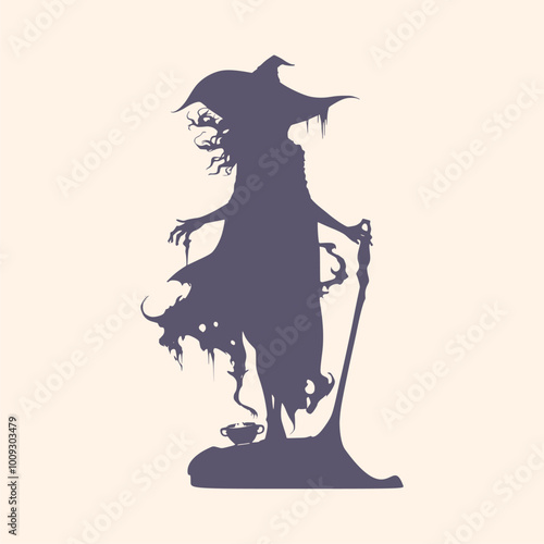 Silhouette of young cute witch girl. Halloween relative character silhouette