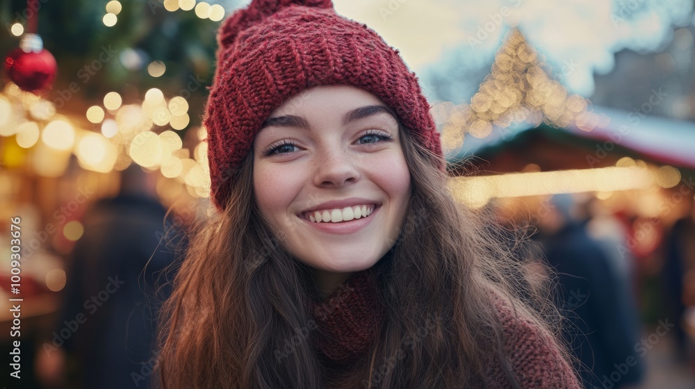 Smiling Young Woman in Warm Clothes on Christmas Market with Festive Lights Smiling Young Woman in Warm Clothes on Christmas Market with Festive Lights