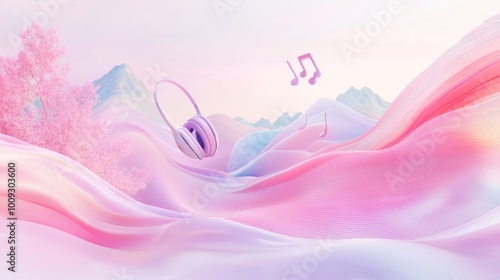 A dreamy landscape with headphones and musical notes, evoking a serene audio experience.