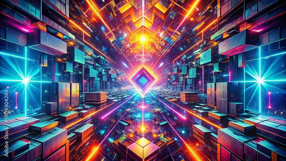 Obraz premium Futuristic Abstract Artificial Intelligence Wallpaper with Geometric Patterns and Vibrant Color Scheme