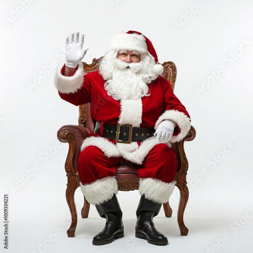 Santa Claus sitting in a chair and waving his hand, isolated on white