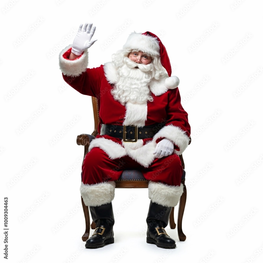 Santa Claus sitting in a chair and waving his hand, isolated on white Santa Claus sitting in a chair and waving his hand, isolated on white