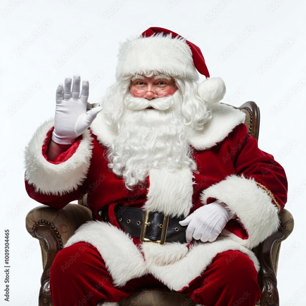 Santa Claus sitting in a chair and waving his hand, isolated on white Santa Claus sitting in a chair and waving his hand, isolated on white