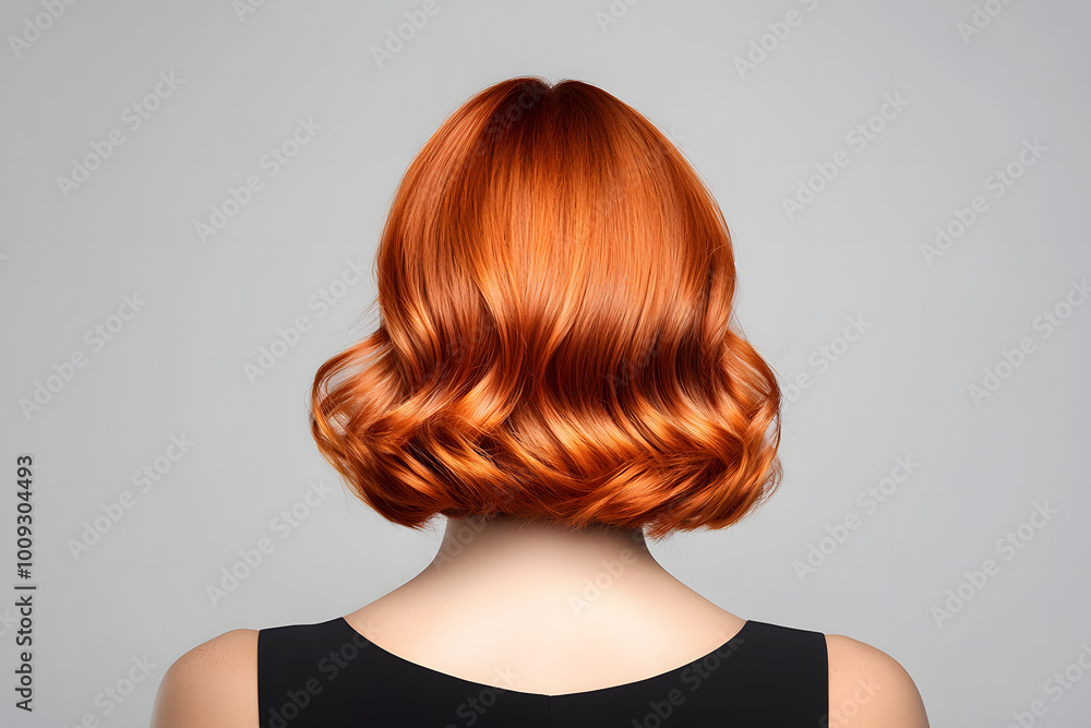 Close-up of the back view of an orange-red bob hairstyle, a model with short hair in a bright red color, on a dark background. Close-up of the back view of an orange-red bob hairstyle, a model with short hair in a bright red color, on a dark background.