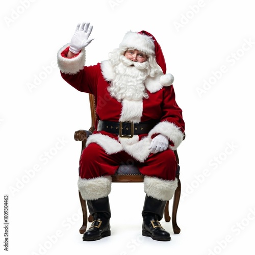 Santa Claus sitting in a chair and waving his hand, isolated on white