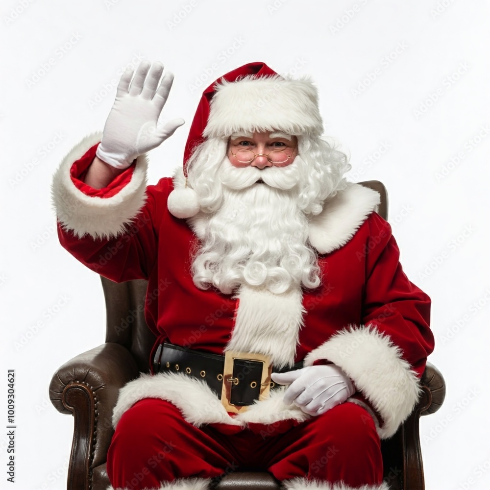 Santa Claus sitting in a chair and waving his hand, isolated on white Santa Claus sitting in a chair and waving his hand, isolated on white