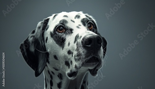 Dalmatian Dog Staring Up with Curious Expression, Black and White Spots, Gray Background, Friendly and Loyal