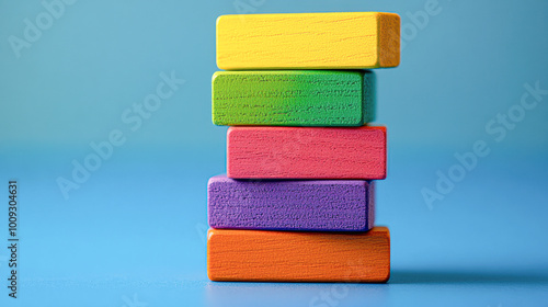 A stack of colorful wooden blocks on a blue surface