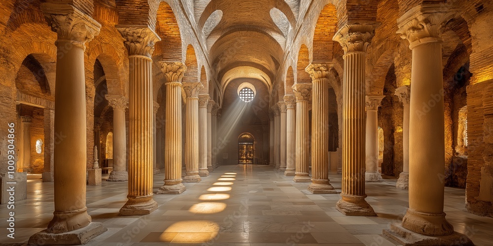 Ancient stone columns illuminated by sunlight inside a historic hall, symbolizing the timeless beauty of Roman architecture and cultural heritage, Generative AI Ancient stone columns illuminated by sunlight inside a historic hall, symbolizing the timeless beauty of Roman architecture and cultural heritage, Generative AI