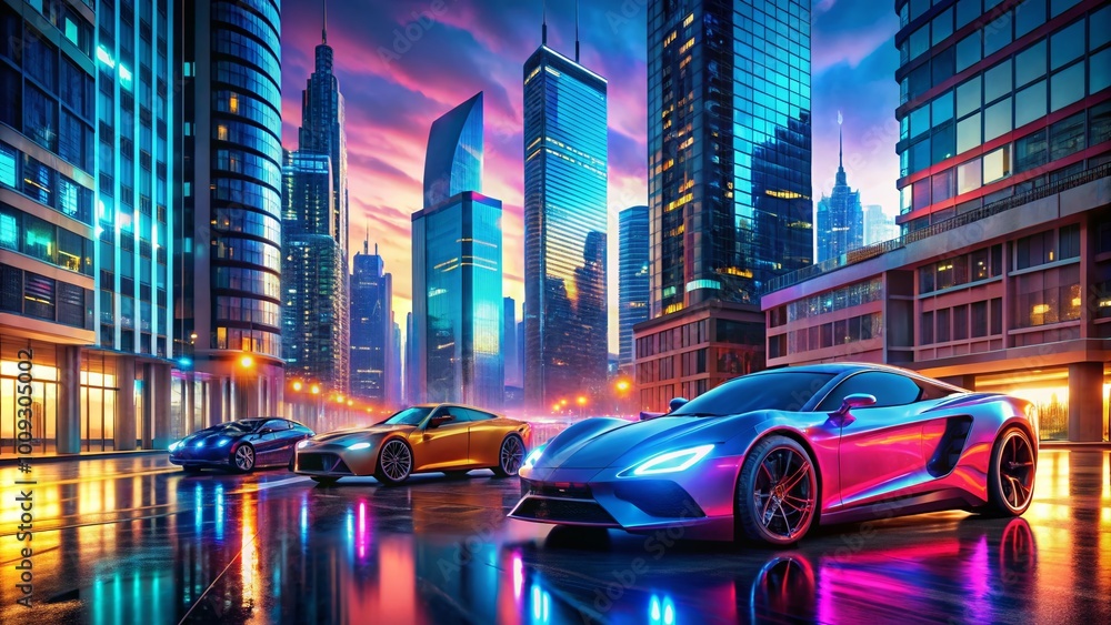 Futuristic Cars in a High-Tech Cityscape with Neon Lights and Modern Architecture at Dusk Futuristic Cars in a High-Tech Cityscape with Neon Lights and Modern Architecture at Dusk