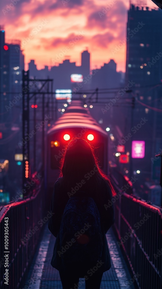 Fototapeta premium A wide view of a woman standing on a bridge, observing the last train as it fades away, surrounded by muted city lights and pastel hues of the evening sky