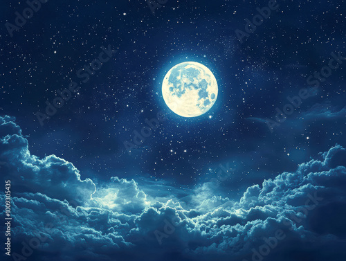 A large moon is shining brightly in the night sky, surrounded by clouds