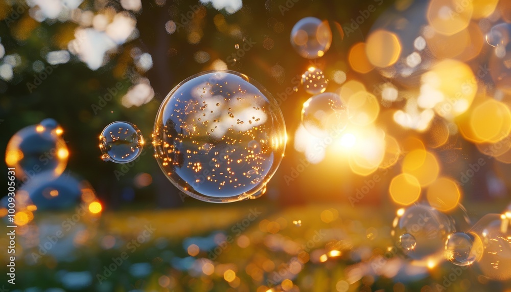 Abstract Transparent Soap Bubbles Floating on Sunset Background, Romantic Outdoor Park, Backgrounds Abstract Transparent Soap Bubbles Floating on Sunset Background, Romantic Outdoor Park, Backgrounds