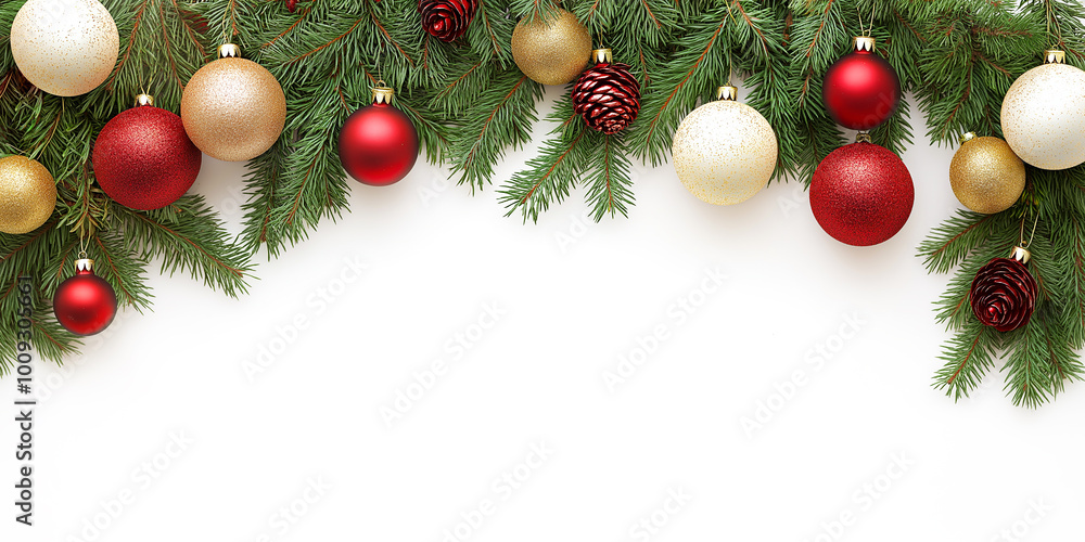 Christmas tree branches garland with ornaments, on white background Christmas tree branches garland with ornaments, on white background