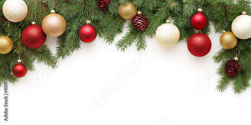 Christmas tree branches garland with ornaments, on white background