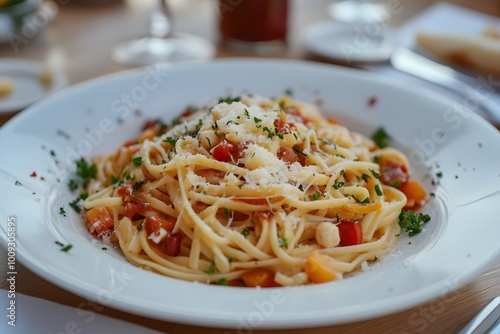  Italian cuisine of pasta and spaghetti with fresh tomatoes and parmesan cheese