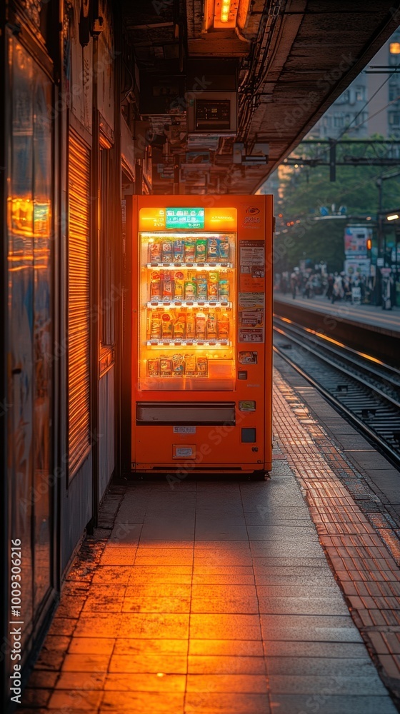 A wide-angle shot of a vending machine softly glowing on an empty platform, with the muted lights of the city creating long shadows around it A wide-angle shot of a vending machine softly glowing on an empty platform, with the muted lights of the city creating long shadows around it