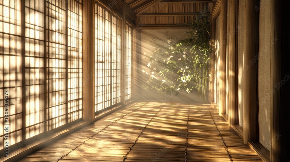 Tranquil Passage: Serene Japanese Garden Hallway Tranquil Passage: Serene Japanese Garden Hallway