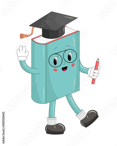 Groovy book character wearing graduation hat. Vector illustration