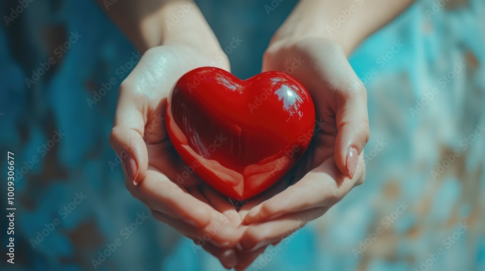 A person holds a red heart in their hand, conveying love and affection A person holds a red heart in their hand, conveying love and affection