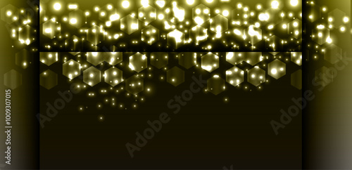 Glowing Hexagonal Abstract Background. Golden illuminated hexagons with sparkling particles on a dark gradient.