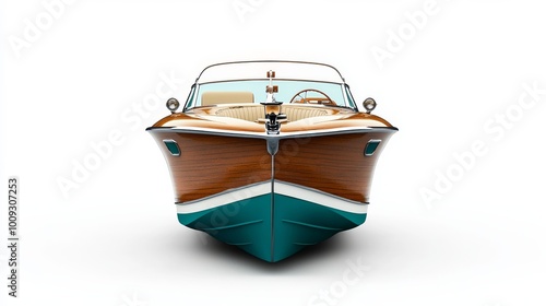 A vintage motor boat, front view, isolated on white background  photo