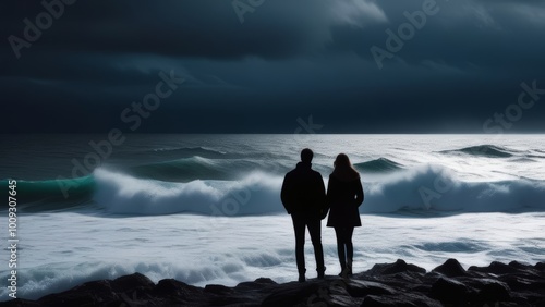Couple standing on rocky coastline watching dramatic ocean waves under dark cloudy sky