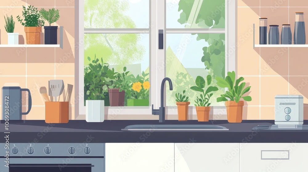Cozy Kitchen with Lush Indoor Greenery and Scenic Window View Cozy Kitchen with Lush Indoor Greenery and Scenic Window View