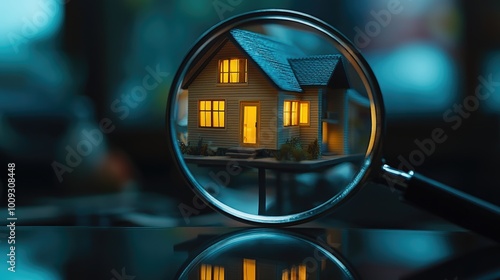 Magnifying glass zooming in on a tiny house model, representing real estate investment and shopping, simple background, no people.